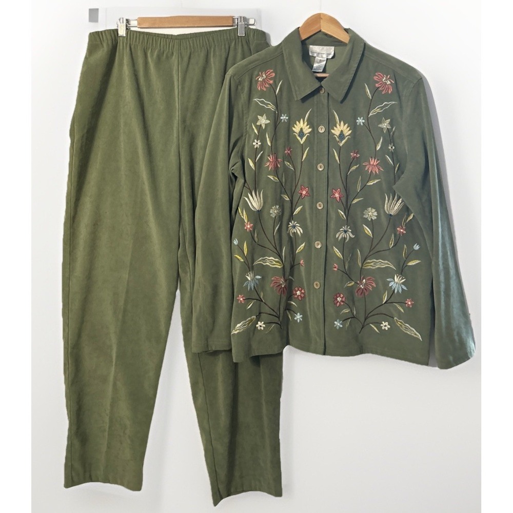 Susan Graver Style Embroidered Floral Shirt Jacket & Pull On Pants Set Sz XL